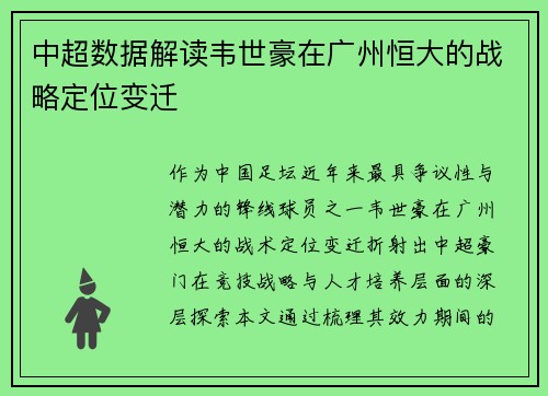 中超数据解读韦世豪在广州恒大的战略定位变迁