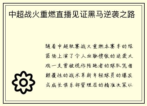 中超战火重燃直播见证黑马逆袭之路